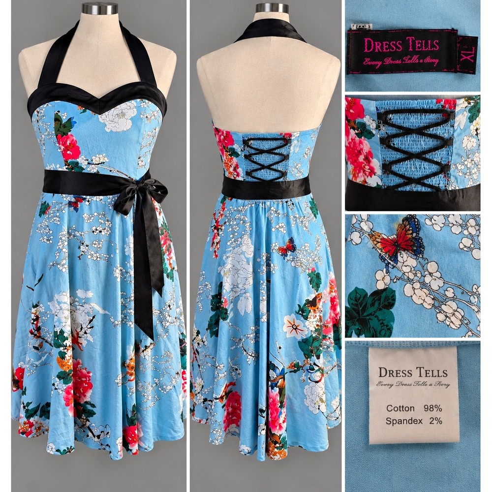 Vid 119 Dress Tells XL Blue Floral Halter Dress Retro Pinup Rockabilly Fit